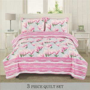 3 Piece Quilted Bedspread Set - Pink Floral Bedding Set Full/Queen & King Size
